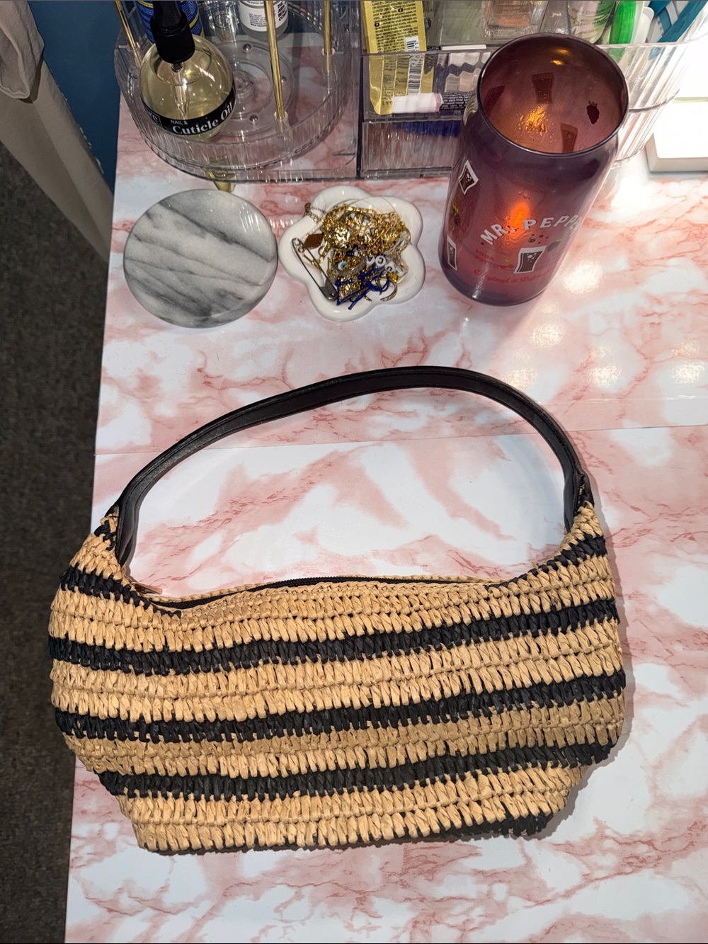 Woven Straw Shoulder Bag in Natural & Black